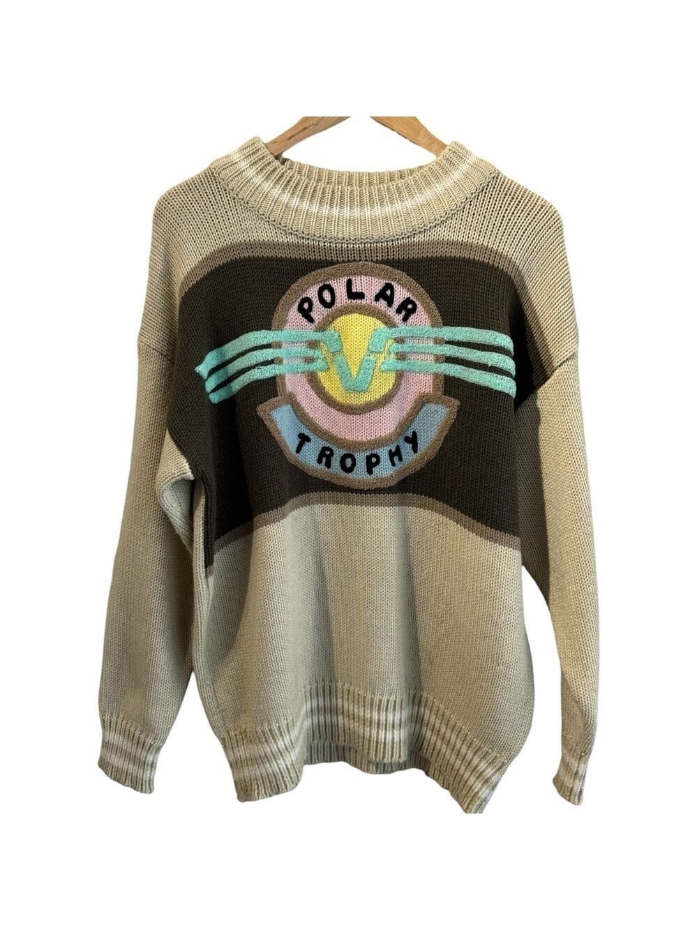 Vintage 80s Knit Winter Sweater Womens L/XL Pastel Polar Trophy Novelty Unique